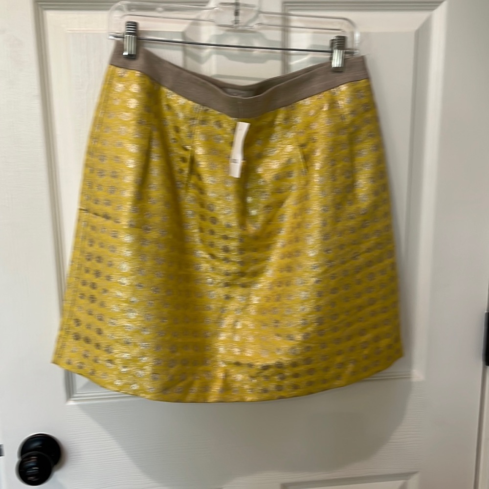 LOFT Yellow Metallic Patterned A-Line Skirt